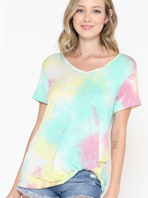 TIE DYE V-NECK SHORT SLEEVE TOP WITH SIDE TIE for wholesale by Burgundy Apparel