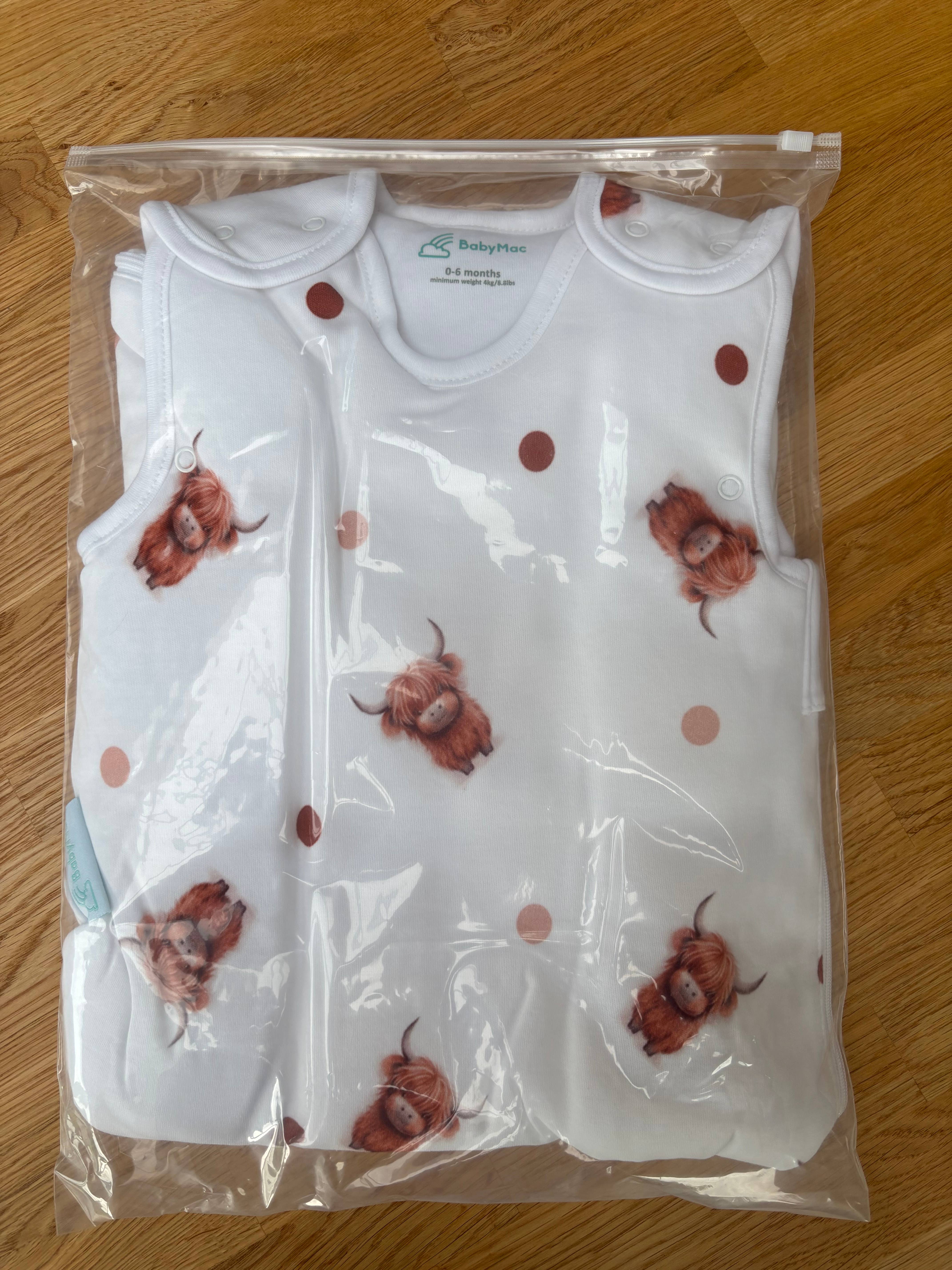 Highland Cow Organic Cotton Baby Sleeping Bag for wholesale on Faire2