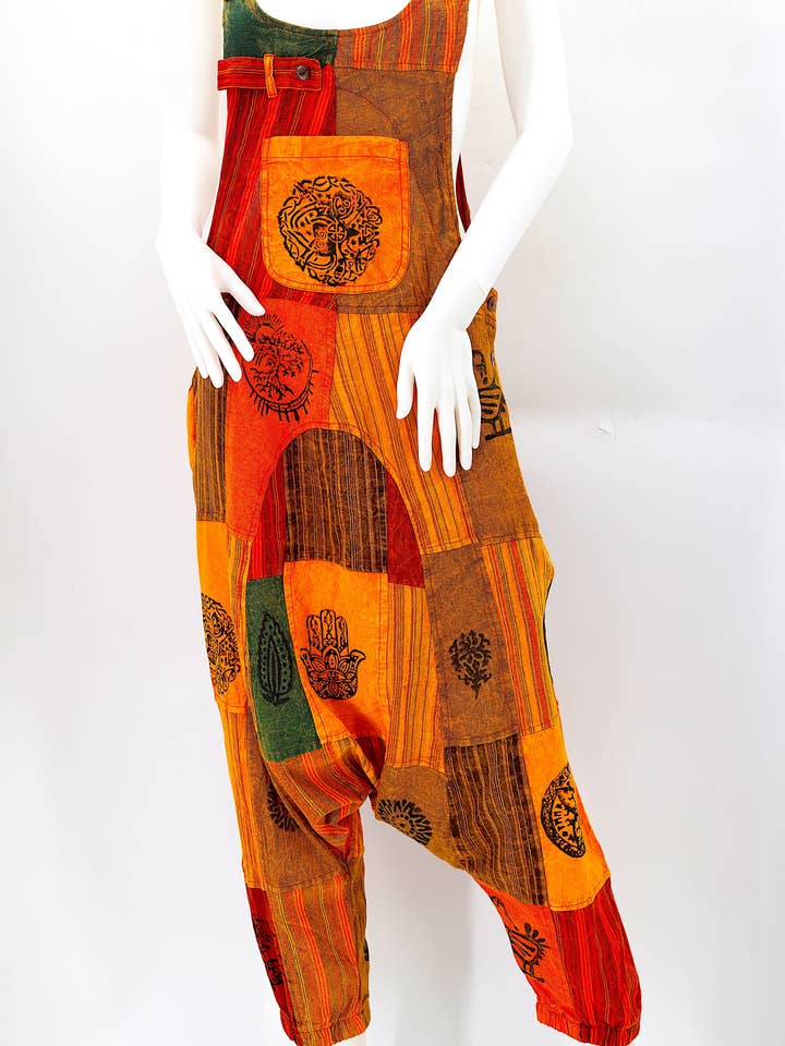 Salopette bohème en coton à imprimé à la main avec symboles païens hippie pour la vente par Himalaya Handmade