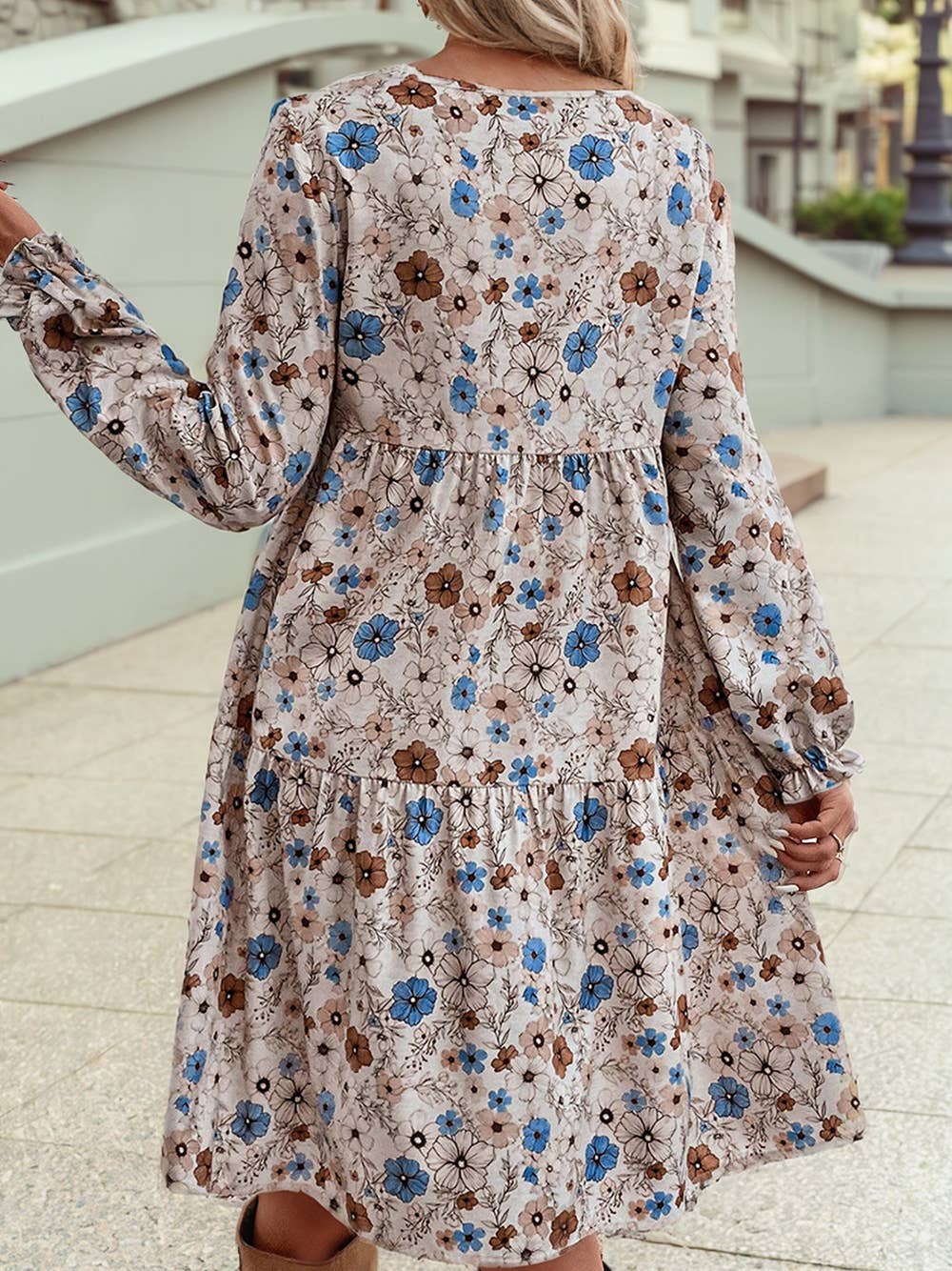 Khaki Floral Crew Neck Frilled Long Sleeve Loose Vacation Dress for wholesale on Faire2