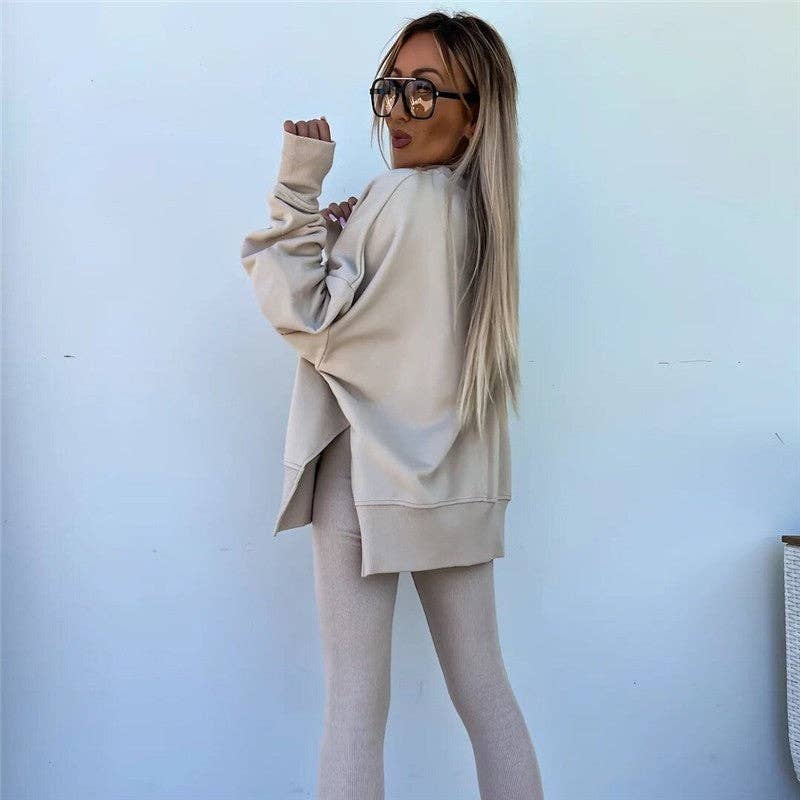 FurDecoration - Wholesale Lounge Set - Women's - Solid Color Round Neck Slit Sweatshirt And Skinny Pants Set7