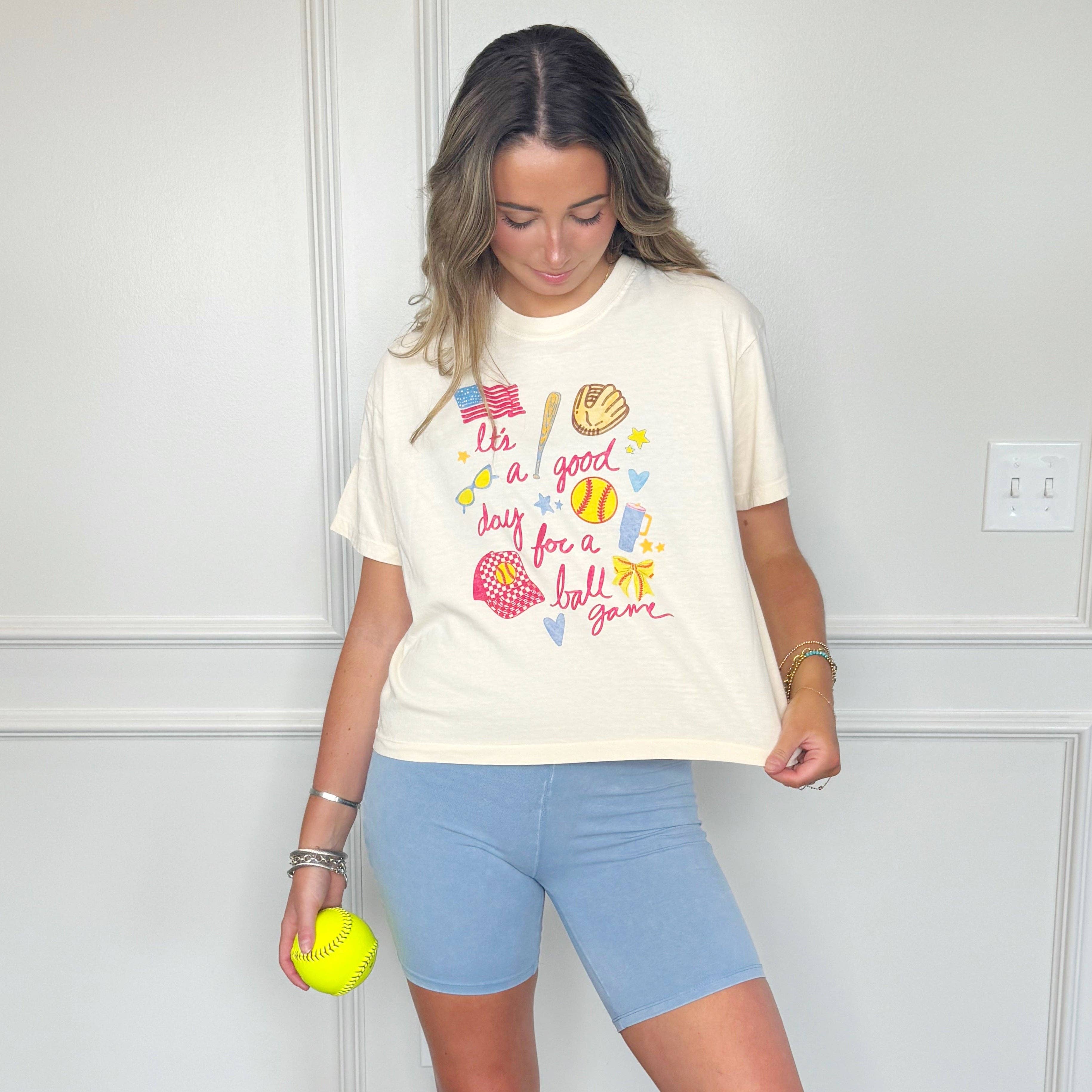 Poppy & Pine - Wholesale Screen Printed T-Shirt - Women's - It's A Good Day for a Ball Game Crop Tee1
