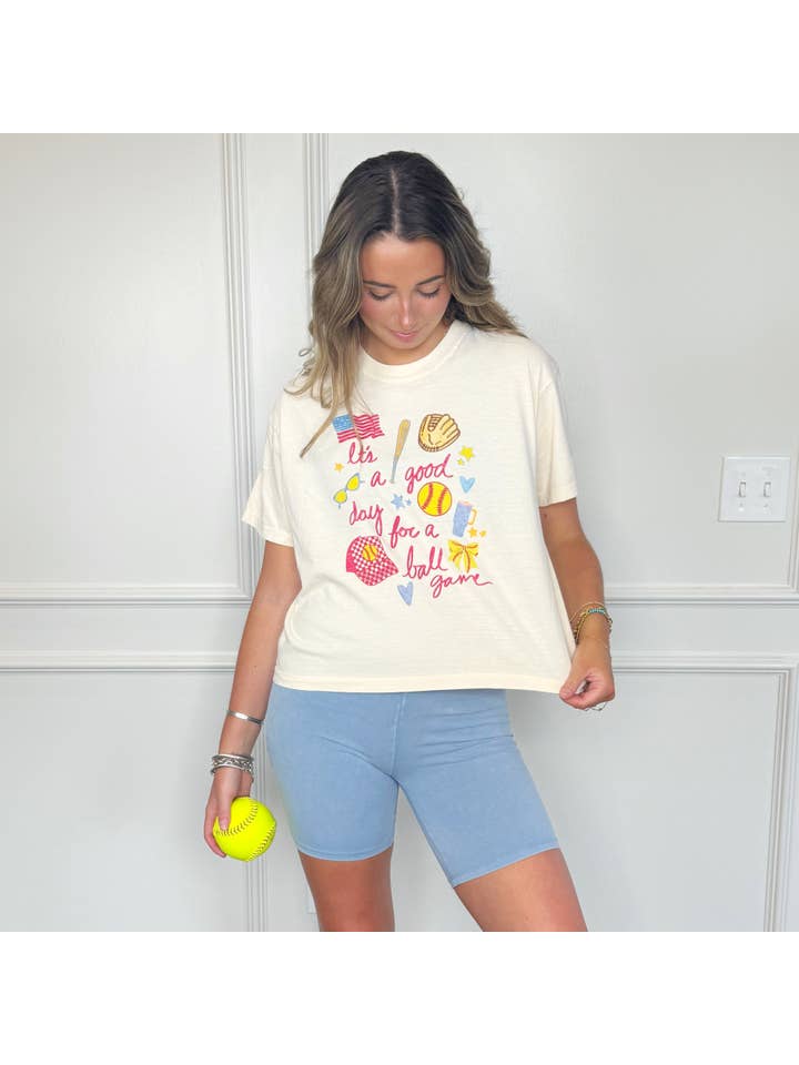 Poppy & Pine - Wholesale Screen Printed T-Shirt - Women's - It's A Good Day for a Ball Game Crop Tee1