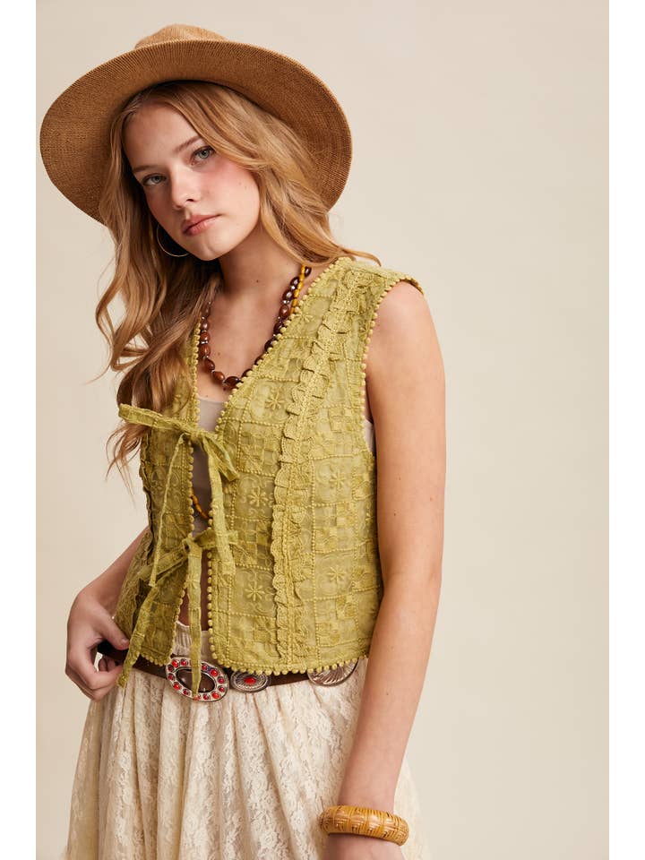 Listicle - Wholesale Outerwear Vest - Women’s - Embroidered Lace Tie-Front Vest LVT0096