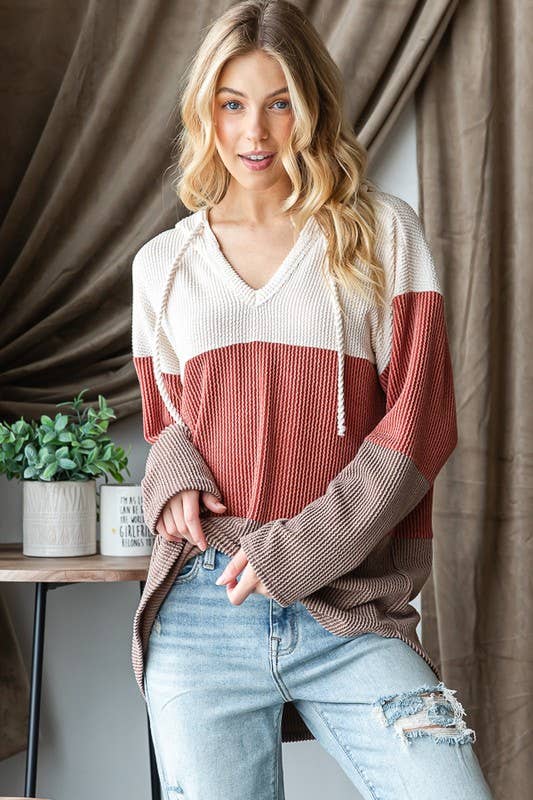 HEIMISH - Wholesale Hoodie - Women's - ET7476-12  SOLID URBAN RIBBED DRAWSTRING HOODIE TOP10