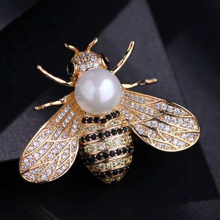 Pearl and diamond bee brooch, insect pin for wholesale by Tourtiwi