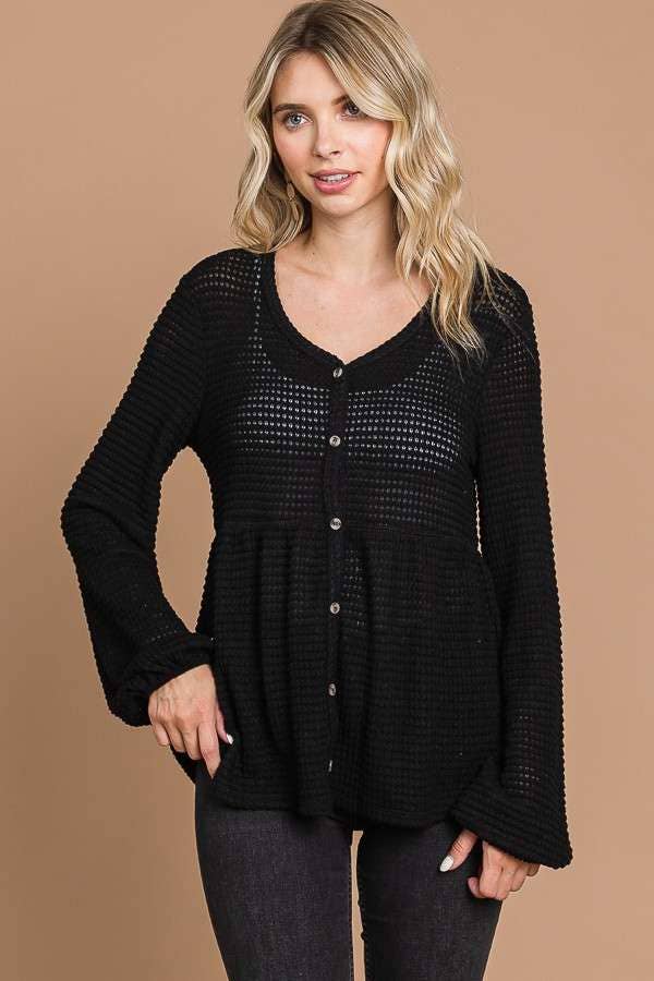 Culture Code - Wholesale Knit Top - Women's - CHT1821L - BUTTON DOWN RUCHING DETAIL LSLV TOP0