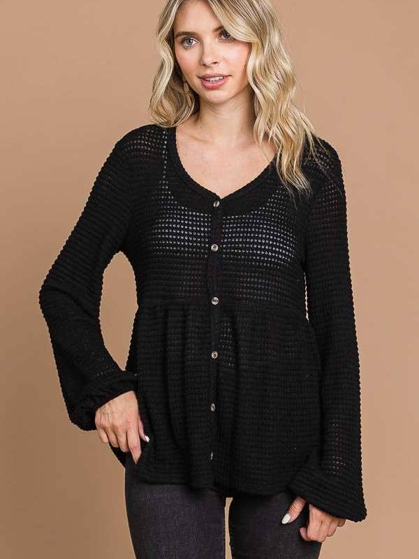 Culture Code - Wholesale Knit Top - Women's - CHT1821L - BUTTON DOWN RUCHING DETAIL LSLV TOP