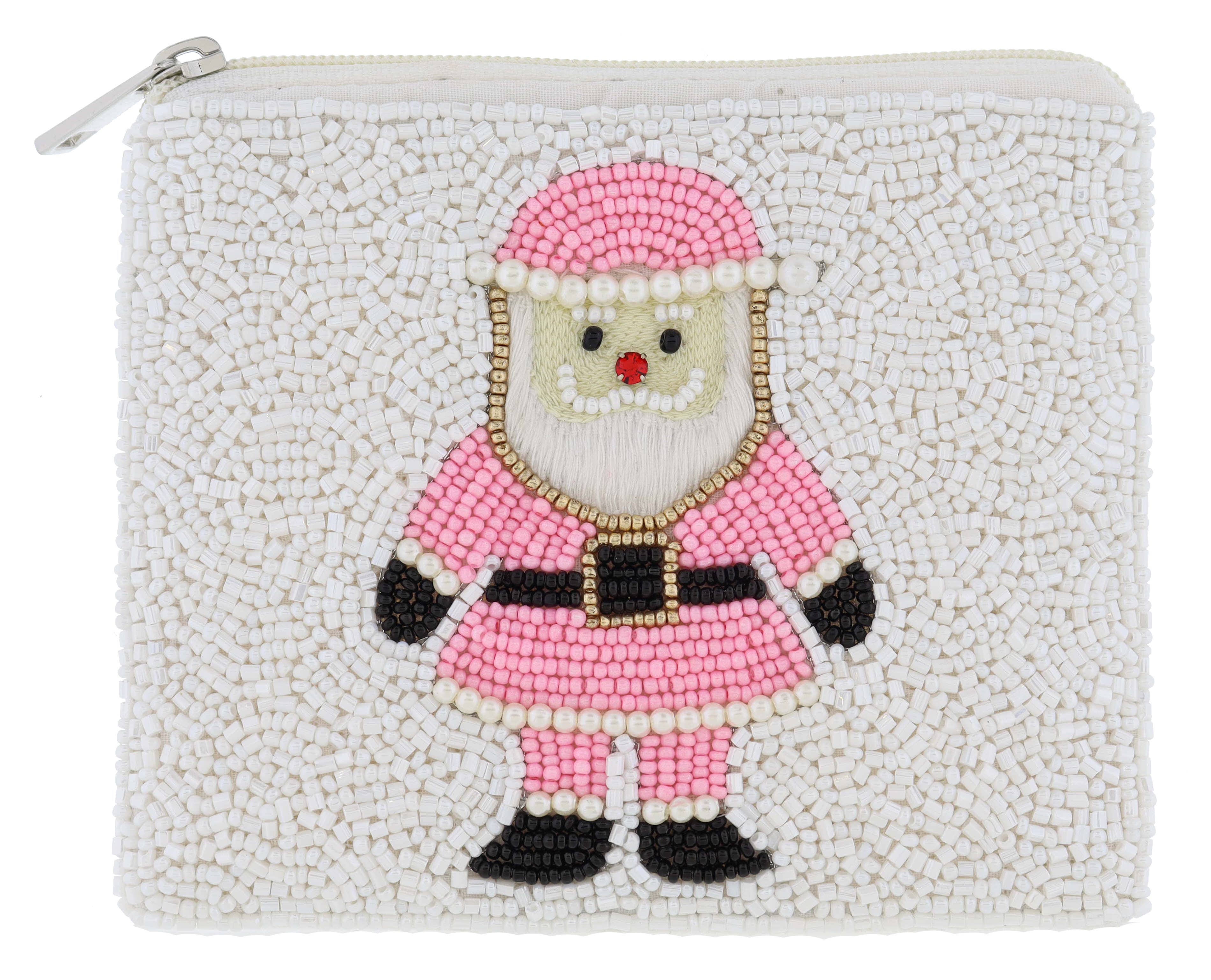Jane Marie - Wholesale Coin Purse - Women's - Pink Santa with Pearl Accents on White Beaded Coin Purse0