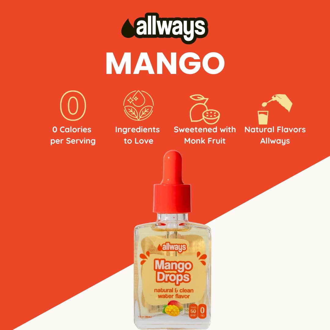 Allways Drops - Wholesale Flavored Syrup - Mango Water Drops, Natural Flavor, 1 oz, 50 Servings1