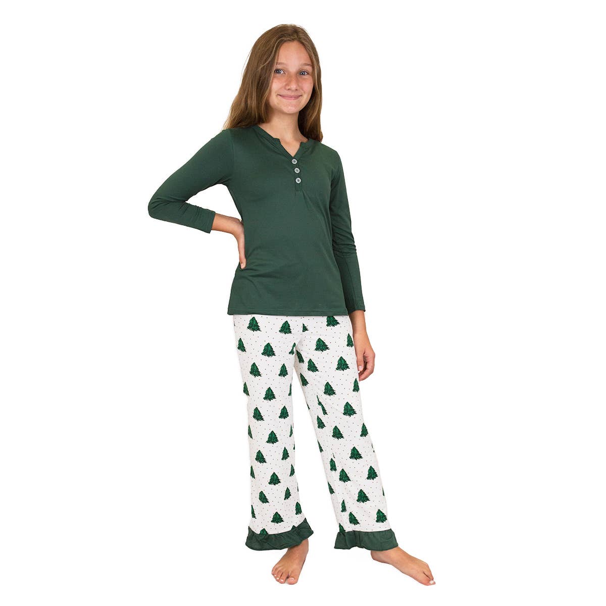 The Royal Standard - Wholesale Sleepwear Bottom - Kids - Girl's Noble Fir Ruffle Sleep Pants    White/Dark Green/Gold   -Asst.1