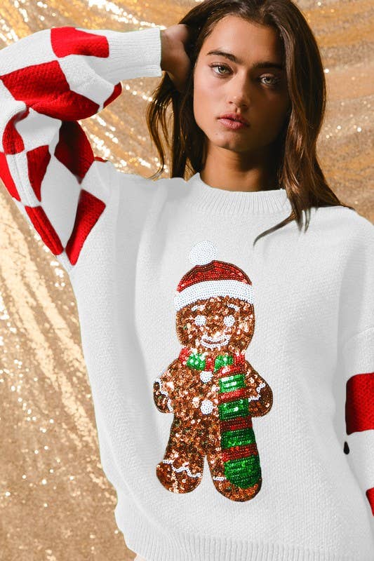 Vanilla Monkey - Wholesale Knit Sweater - Women's - Sequin Gingerbread Checker Christmas Sweater1