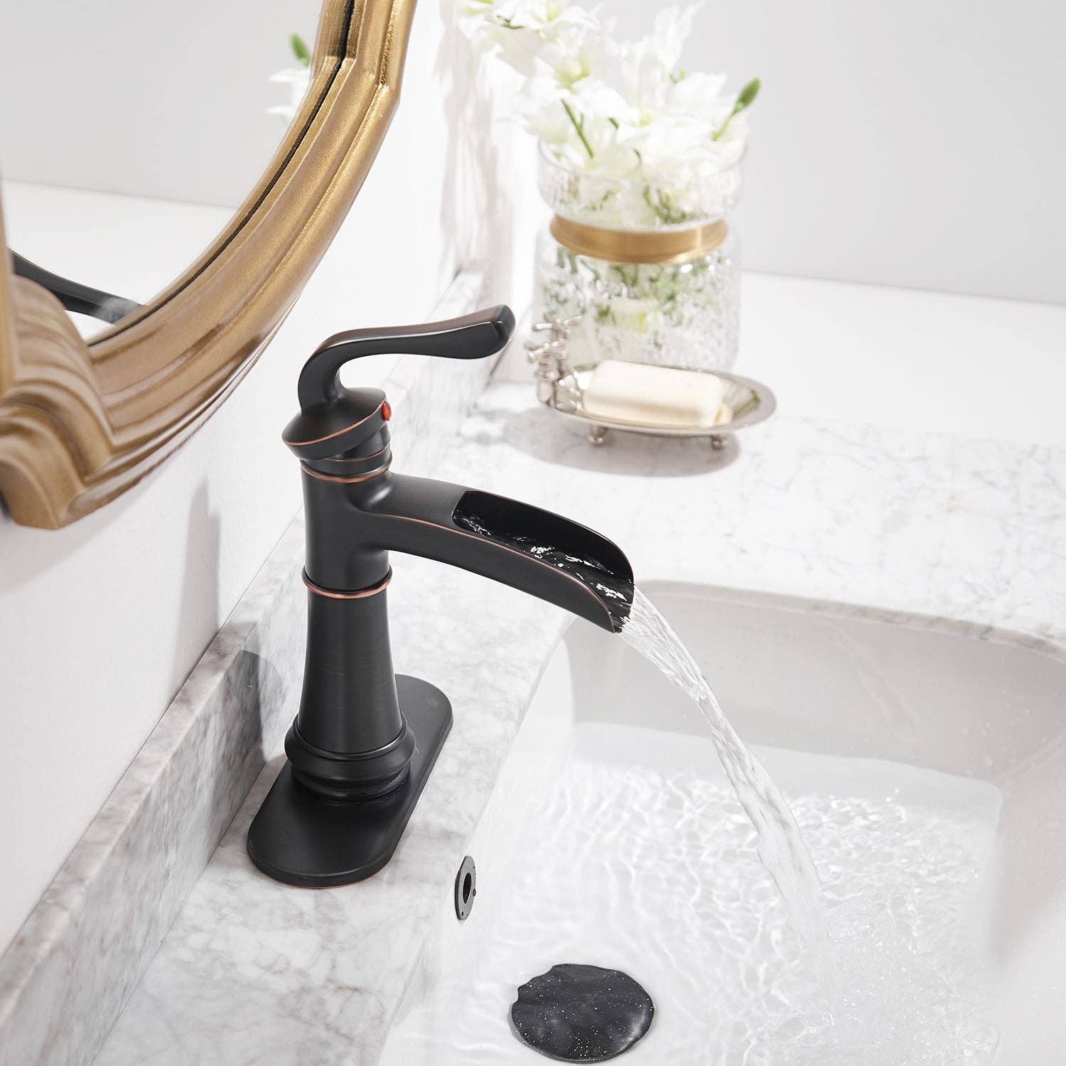 Oil Rubbed Bronze Waterfall Single Hole Single-Handle Low-Arc Bathroom Faucet for wholesale on Faire5