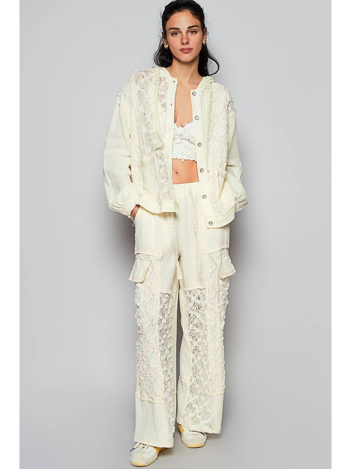 Pol Clothing - Wholesale Jacket - Women's - Balloon Sleeves Lace Solid Knit Hoodie Jacket SALE12