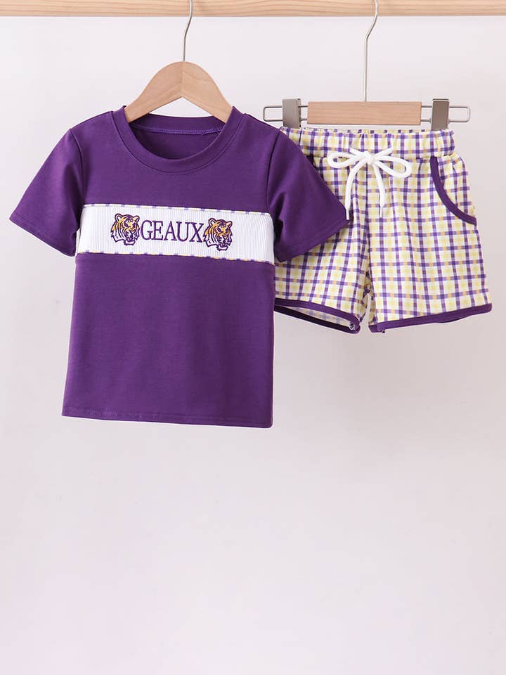 Purple LSU GEAUX smocked gingham shorts set for wholesale by Aspen Rain Boutique