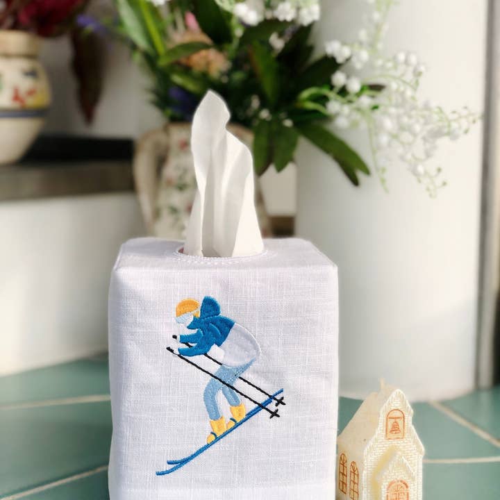 Funda de Caja de Pañuelos de Lino con Motivo de Esquiador de Invierno para venta al por mayor de Belle Linen