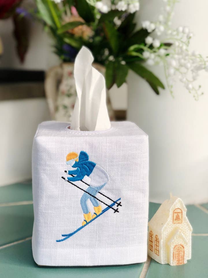 Funda de Caja de Pañuelos de Lino con Motivo de Esquiador de Invierno para venta al por mayor de Belle Linen