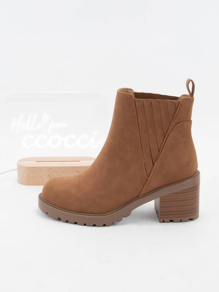 BONE PU WISELY CHUNKY BLOCK HEEL PULL ON ANKLE BOOTIES for wholesale on Faire