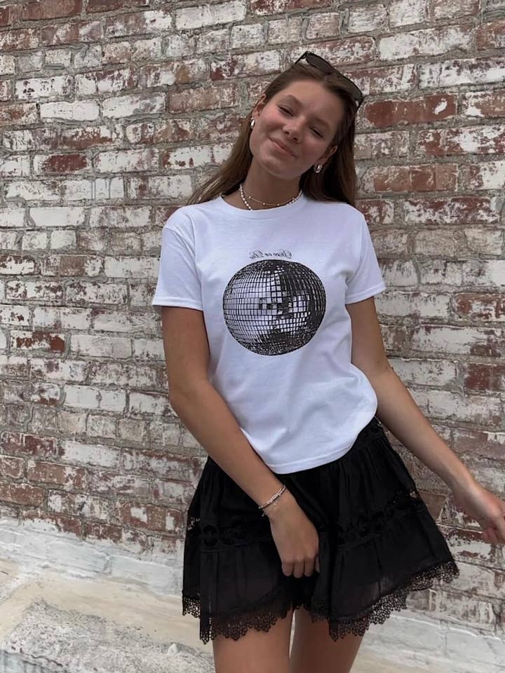 White Disco or Die Baby Tee for wholesale on Faire5