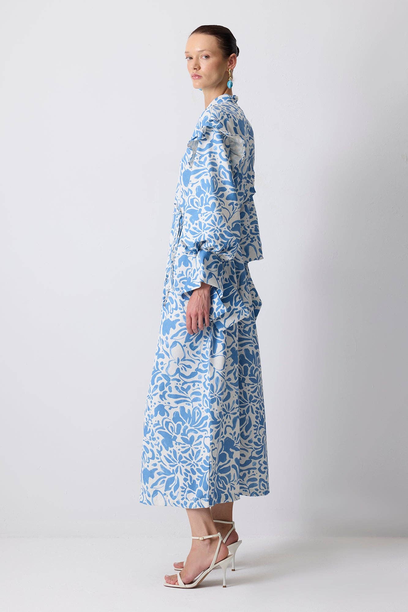 Blue  RUFFLE SLEEVE FLORAL POPLIN MAXI DRESS - LINEN BLEND for wholesale on Faire2