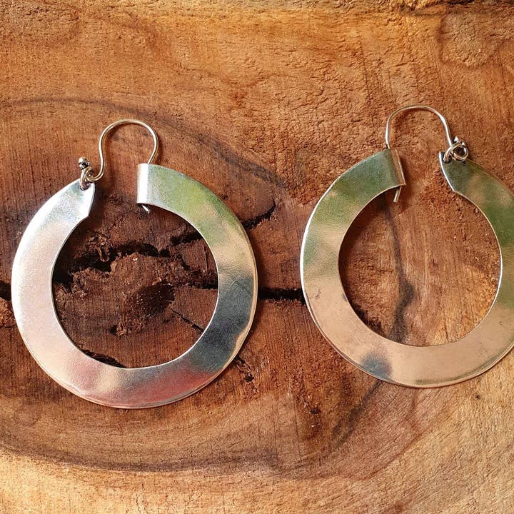 Wide Flat Silver Hoops / Funky Silver Hoop Earrings / Ethnic Boho Classic XL Bohemian Chic Gold Gypsy Spiral Hippie Hiphop Festival for wholesale by Kaali Boutique