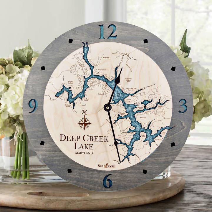 Deep Creek Lake 3D Nautical Chart Wood Wall Clock-2 Levels for wholesale by Sea & Soul Nautical Chart Art