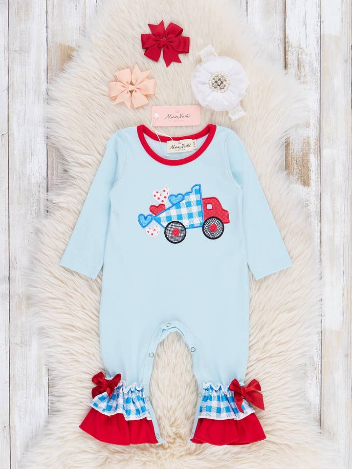 Heart Dump Truck Ruffle Romper for wholesale by Marie Nicole Clothing