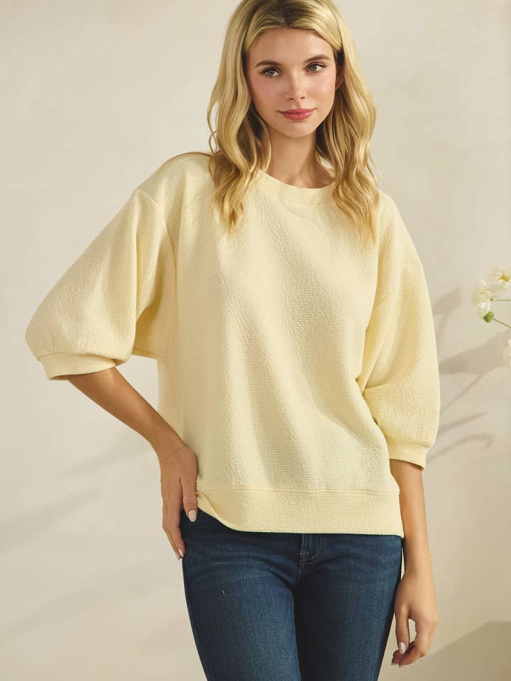 T-42238-ROUND NECK PILLOW SLEEVE CLOUDY KNIT TOP for wholesale by Tres Bien, Inc