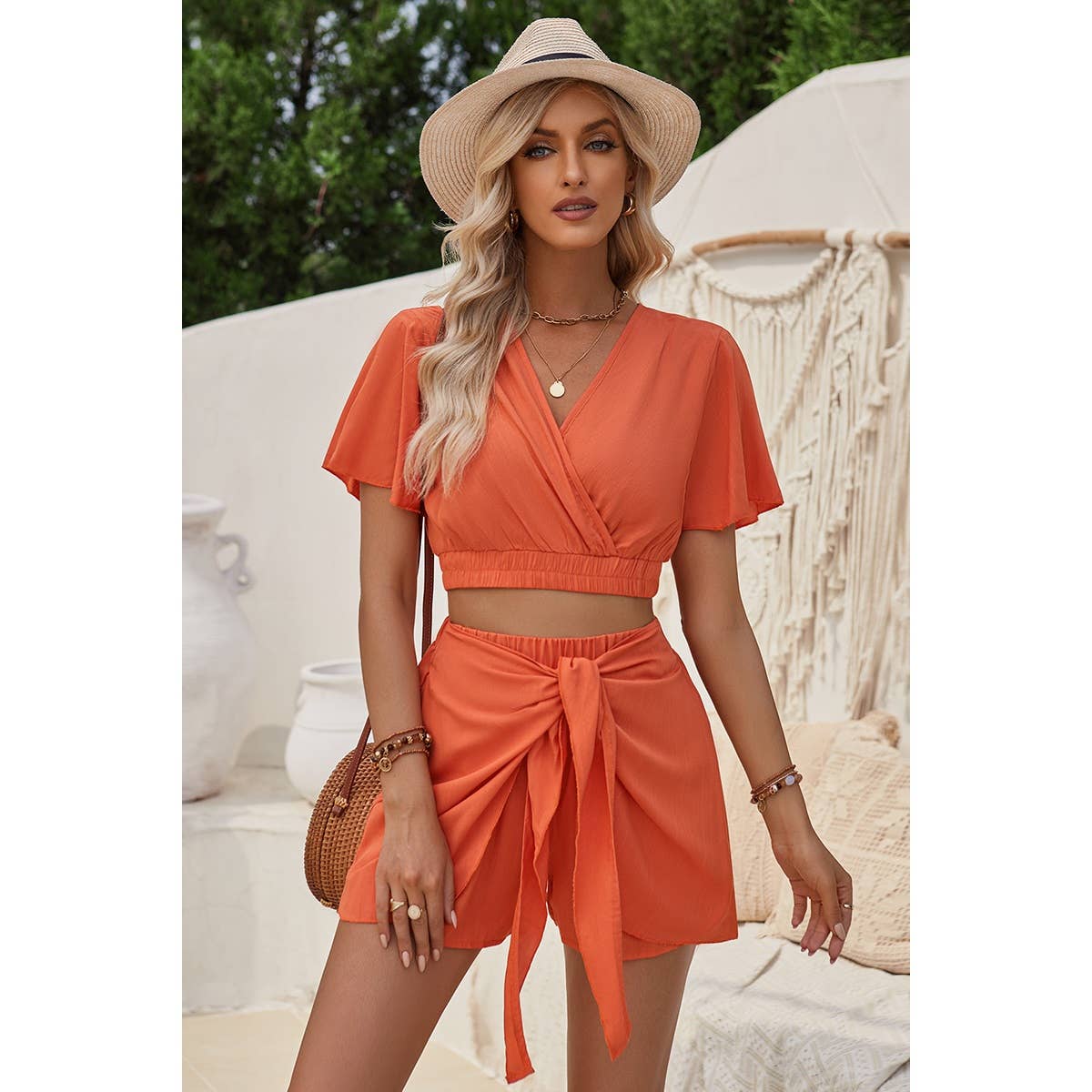 BLACK Two Pieces V Neck Ruffle Crop Shirt And Wrap Sets for wholesale on Faire7