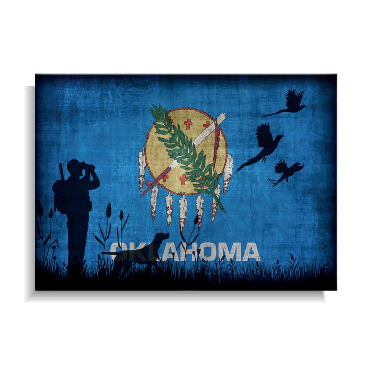 Aimant : Drapeau de l'État de l'Oklahoma sur le thème de la chasse pour la vente par BetterMagnets.com by Design Studio 88 Inc
