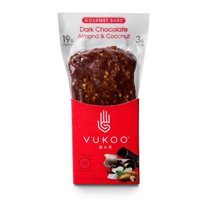 Dark Chocolate, Almond, Coconut - 20g Protein Snack Bar - GF for wholesale by Vukoo Nutrition