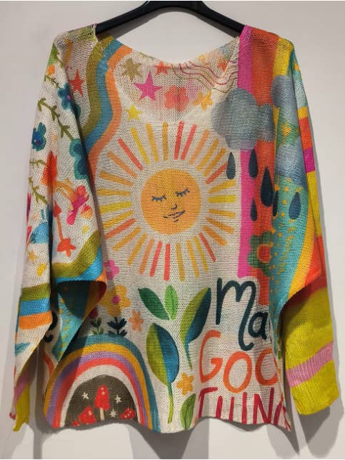 LOOWIE - Wholesale Knit Sweater - Women's - POSUN Yellow Sunshine V-Neck Knit Printed Sweater LOOWIE
