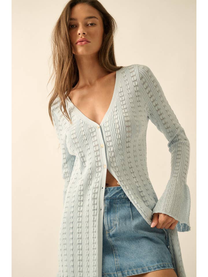 Promesa USA - Wholesale Cardigan - Women's - Pointelle Rib-Knit Trumpet-Sleeve Duster Cardigan2