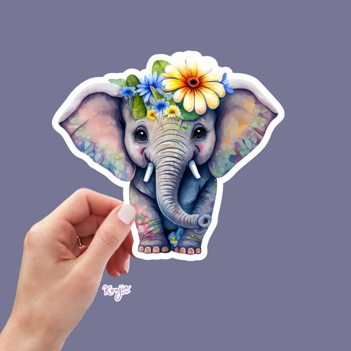 Söt handgjord Vintage Baby Elephant klistermärke med blommor för wholesale av Kenjia Design