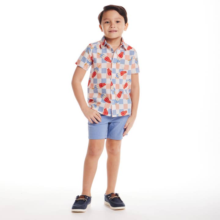 White Kids (2-8) Buttondown & Short Set | Checkered Ice Pop for wholesale on Faire1