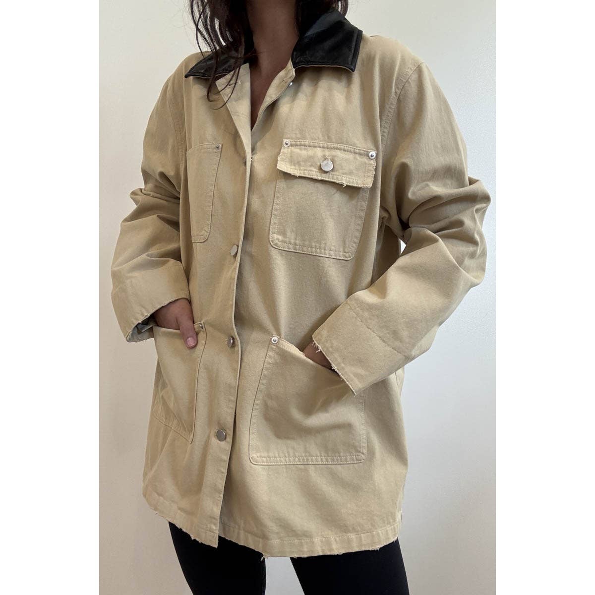KHAKI Contrast Collar Oversized Workwear Jacket for wholesale on Faire9