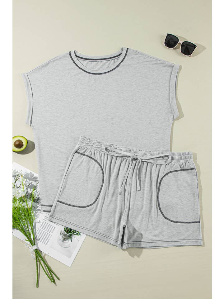 Gray Contrast Stitching Cuffed Sleeve Plus Shorts Set for wholesale on Faire