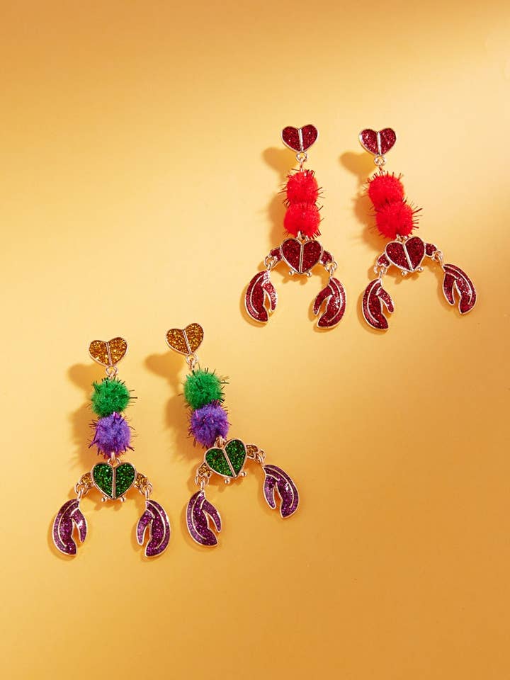 Lobster Mardi Gras Pompom Enamel Post Earrings for wholesale by Designature New York