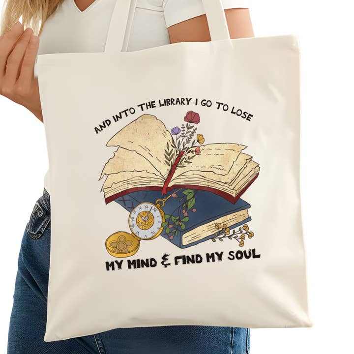 Into the Library I go Bookish Tote Bag – Reading Tote for Book Lovers – Book Reader Bag - Romance Reader Tote - Book Store for wholesale by Purely Bookish