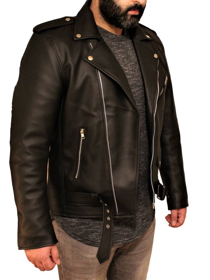 Fadcloset – Engroshandel Motorcykeljakke - Herre – Mænds vegansk sort motorcykel stil imiteret læderjakke1