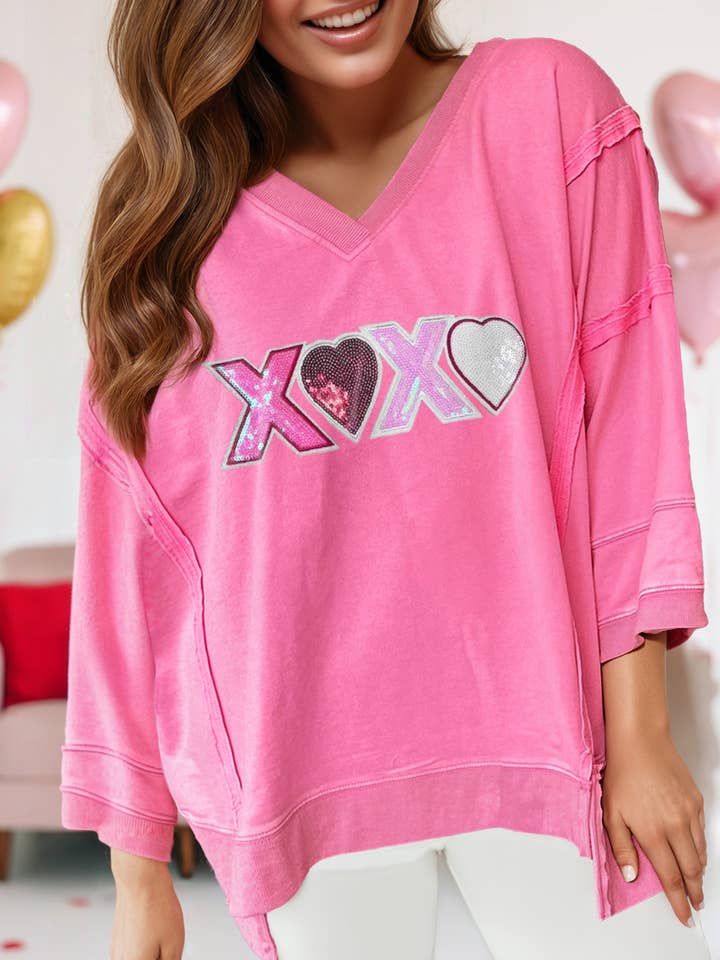 Valentine Raw Seam Detail XOXO Sequin Patched 3/4 Sleeve Top for wholesale by fashionworks