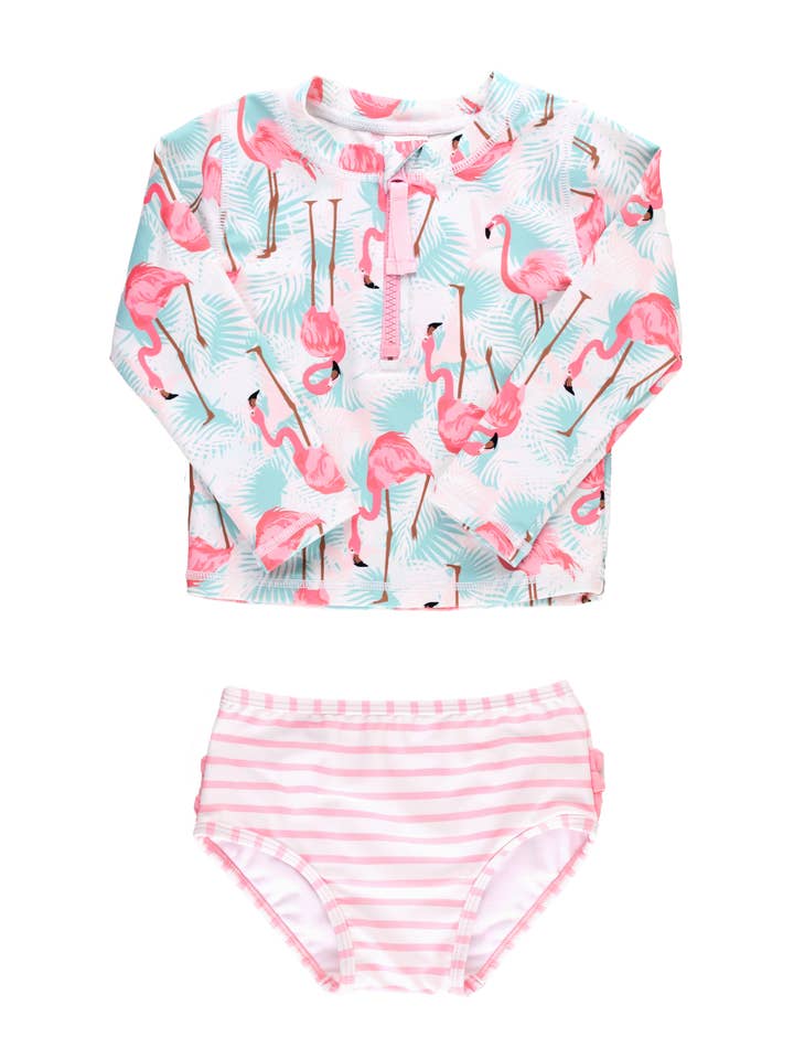 Meerdere kleuren Meisjes Levendige Flamingo Lange Mouw Rits Rash Guard 2-Delig Badpak met Kenmerkende Achterkant Ruches voor groothandel op Faire