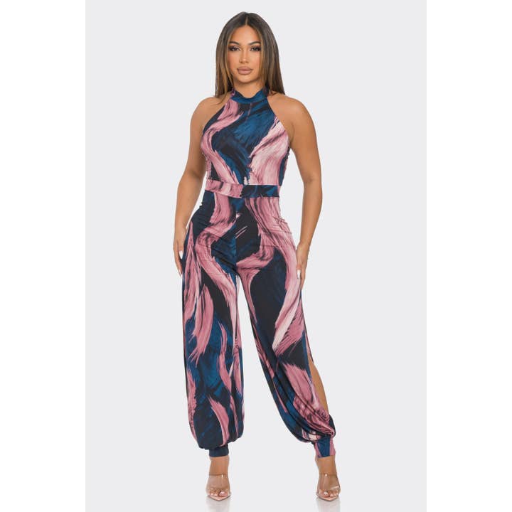 NAVY MAUVE J7414 Side Open Print Jumpsuit for wholesale on Faire5