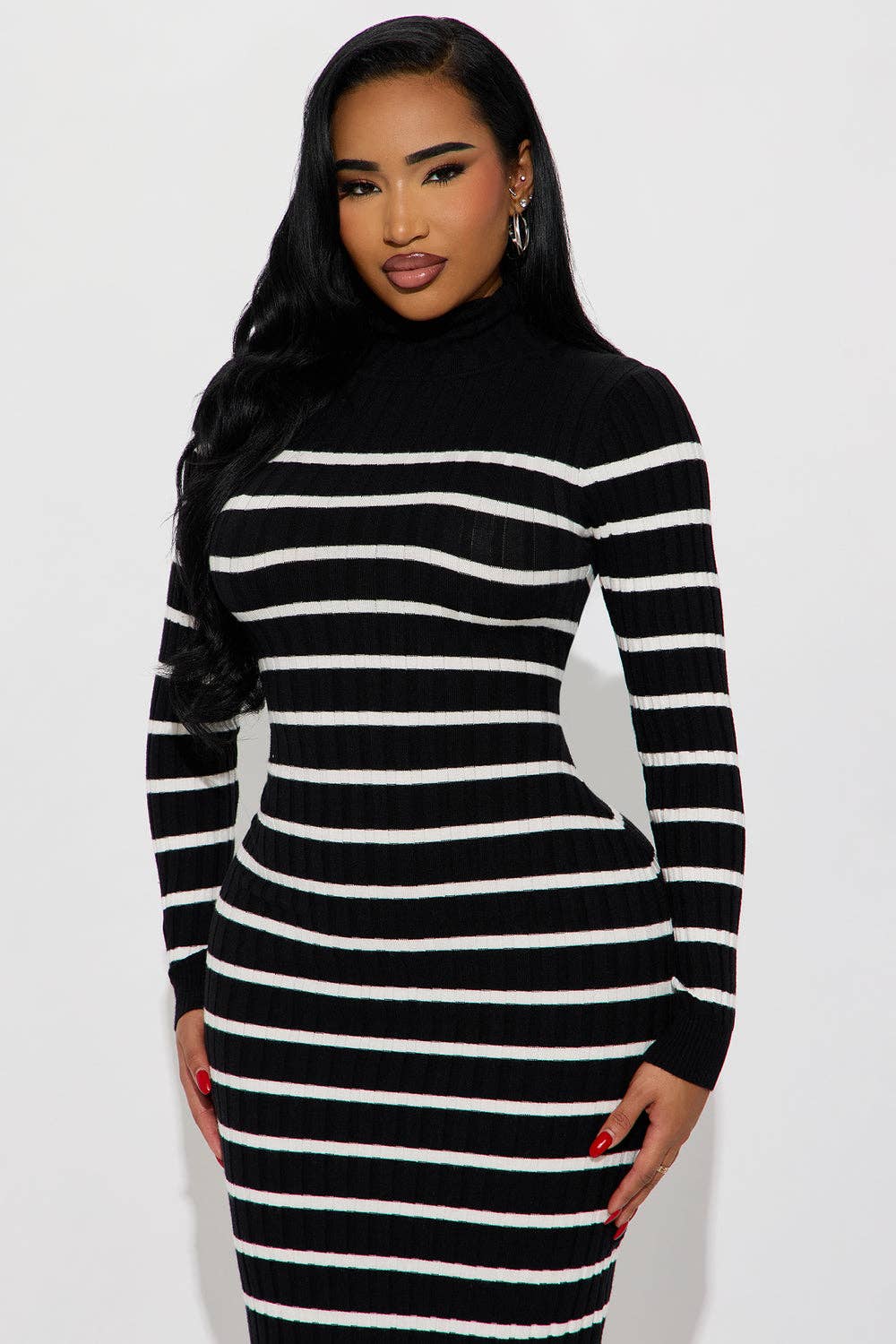 5besties inc - Wholesale Dress - Women's - STRIPE TURTLENECK SWEATER MIDI DRESS5