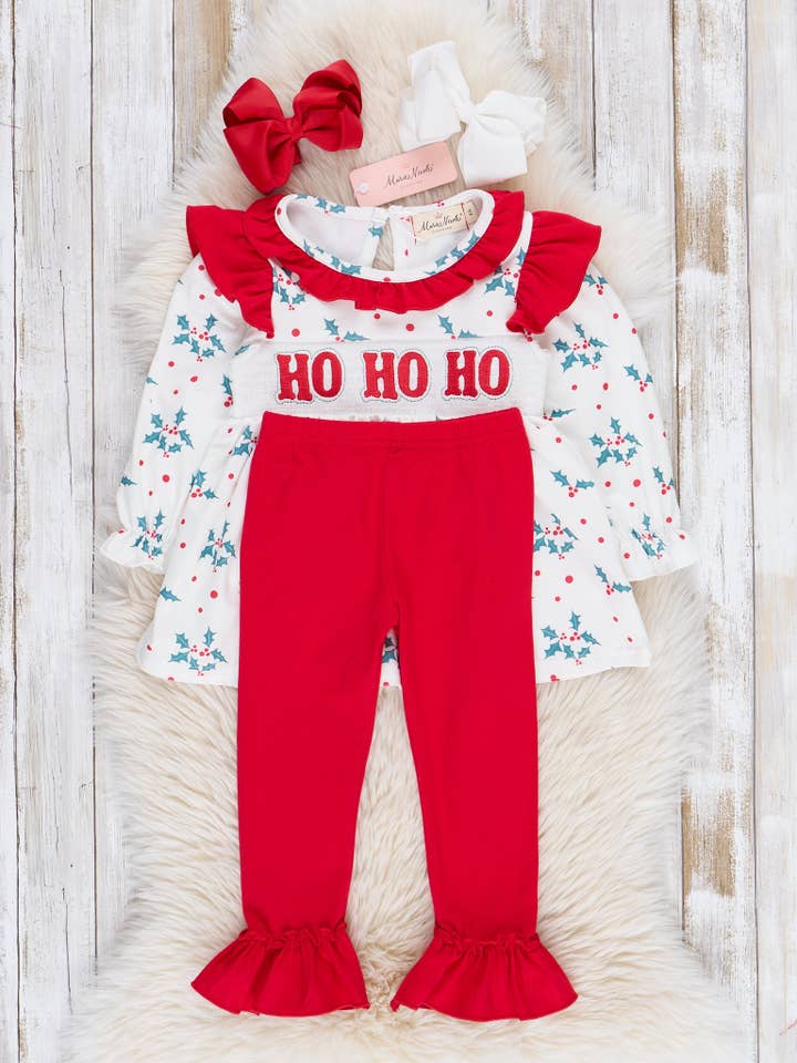 Marie Nicole Clothing - Wholesale Top & Leggings Set - Kids - Red & Green Smocked "Ho Ho Ho" Ruffle Outfit