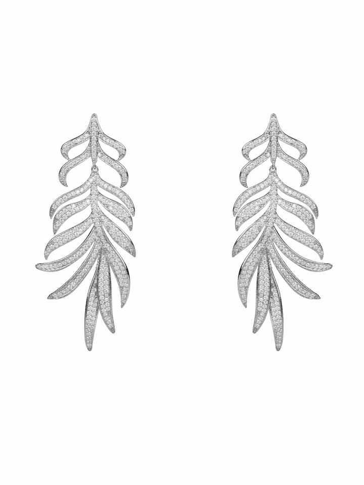 Brincos Declaração de Folha com Penas Prateados por atacado de Latelita