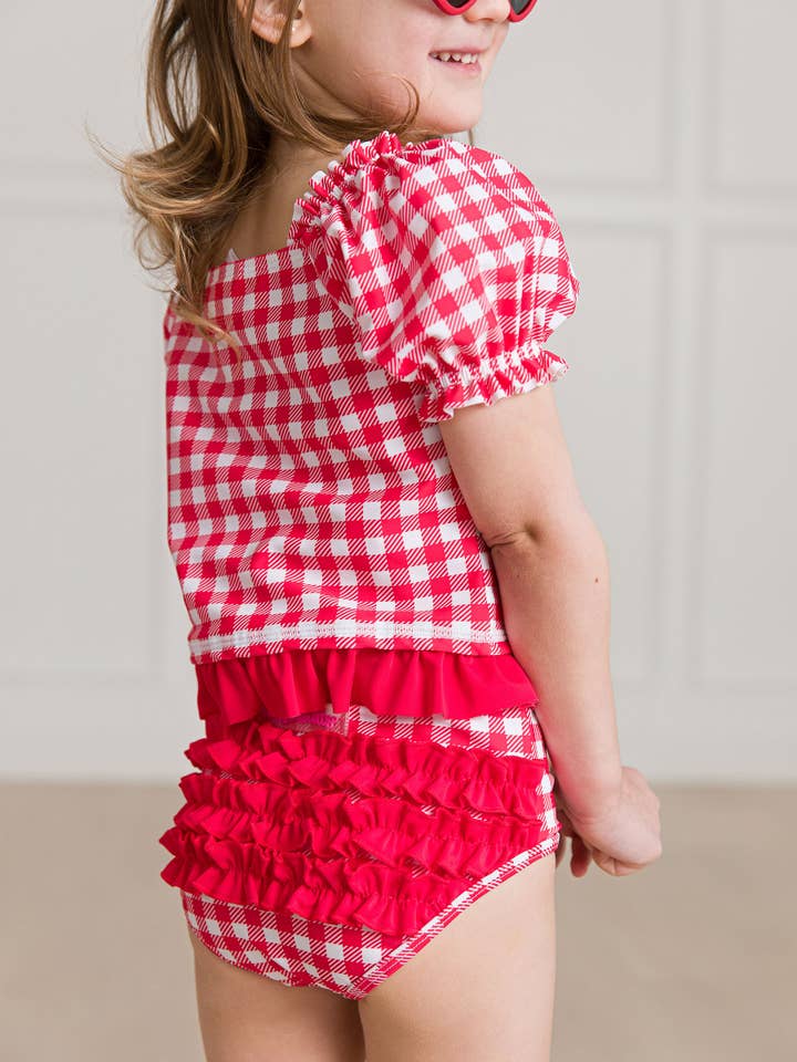 Girls Vintage Red Gingham Puff Sleeve Ruffle Tankini 2-Piece Swimsuit
for wholesale on Faire