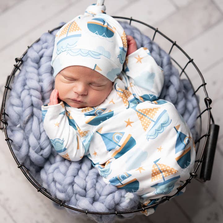 Adorable Sweetness - Wholesale Babygown - Baby - Infant Unisex Blue Sail Boat Baby Gown and Hat Set1