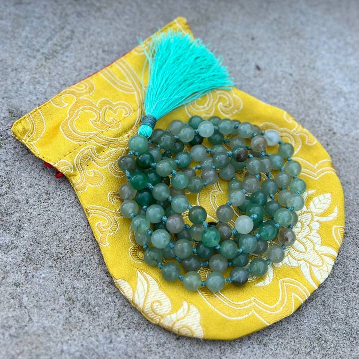 Lungta Imports - Wholesale Prayer Beads Necklace - Natural Green Aventurine Hand Knotted Mala, Rosary 108 Beads, Japa Mala, Meditation Mala, Mala Necklace, Free Silk Pouch