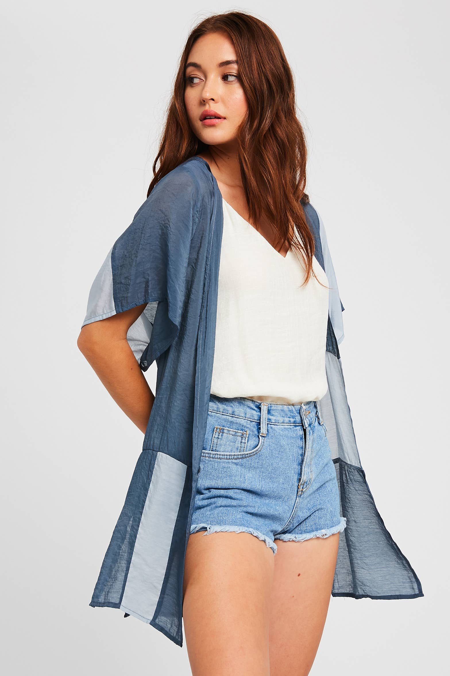 Listicle - Venta al por mayor Kimono - Mujer - Cárdigan Kimono de Bloques de Color Semitransparente4